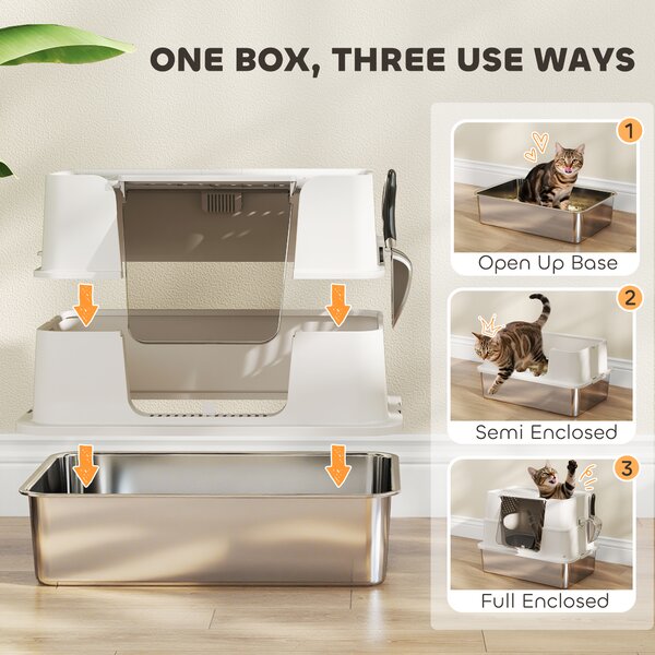 PawHut Lettiera Gatto Chiusa XL in Acciaio Inox con Coperchio, Paletta, Pareti Alte, Doppio Ingresso, Grigio Chiaro | Aosom Italy