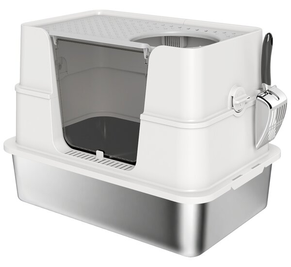 PawHut Lettiera Gatto Chiusa XL in Acciaio Inox con Coperchio, Paletta, Pareti Alte, Doppio Ingresso, Grigio Chiaro | Aosom Italy