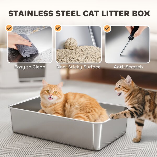 PawHut Lettiera Gatto Chiusa XL in Acciaio Inox con Coperchio, Paletta, Pareti Alte, Doppio Ingresso, Grigio Chiaro | Aosom Italy