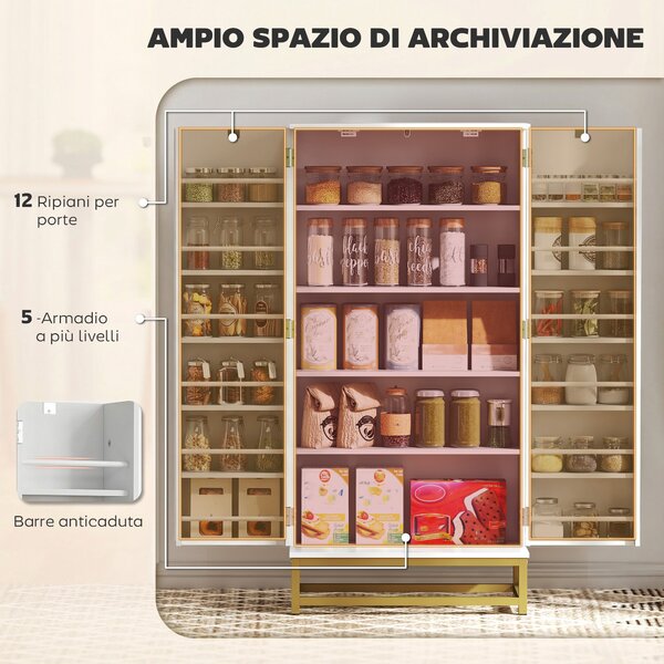 HOMCOM Credenza Cucina 119,5 cm, Moderna Dispensa Autoportante con 12 Ripiani su Ante, Ripiani Regolabili e Pannelli con Finitura in Legno, Bianca | Aosom Italy