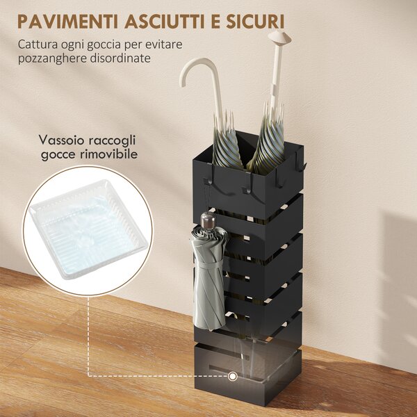 HOMCOM Portaombrelli in Metallo da Interno con 4 Ganci, Vaschetta Scolapioggia Rimovibile, per 8 Ombrelli, Nero | Aosom Italy