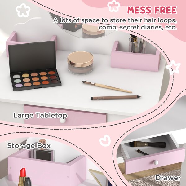 ZONEKIZ Set Toeletta Trucco Bambina con Sgabello, Postazione Trucco in Legno con Specchio Rotondo in Acrilico, 2 Scatole Portaoggetti, Design Unicorno, Tavolo Trucco per Bimbi 3-6 Anni, Rosa | Aosom Italy