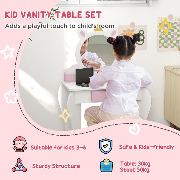 ZONEKIZ Set Toeletta Trucco Bambina con Sgabello, Postazione Trucco in Legno con Specchio Rotondo in Acrilico, 2 Scatole Portaoggetti, Design Unicorno, Tavolo Trucco per Bimbi 3-6 Anni, Rosa | Aosom Italy