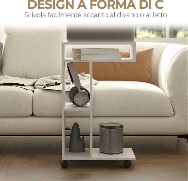 HOMCOM Tavolino da Soggiorno con Rotelle e Mensola Aperta, a Forma di C in Legno, 40x30x69 cm, Bianco | Aosom Italy