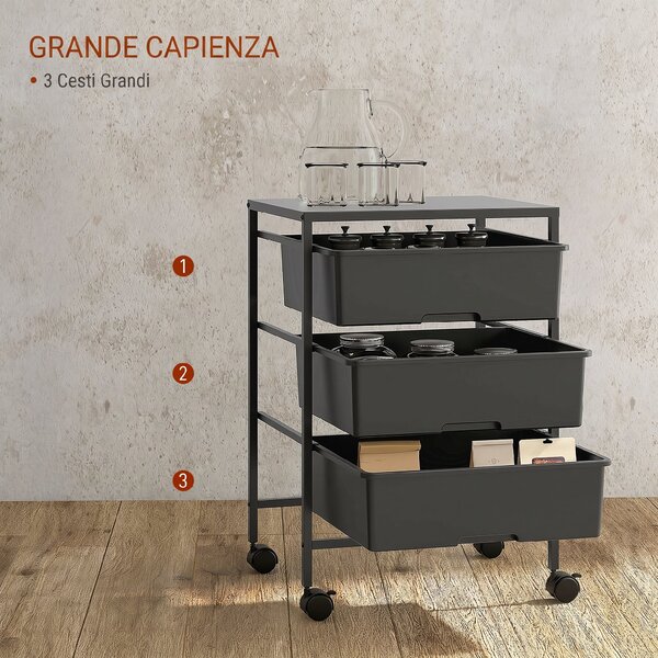 HOMCOM Carrello Multiuso con 3 Cestini Estraibili e Ruote per Cucina e Ufficio in Acciaio e PP, Nero | Aosom Italy