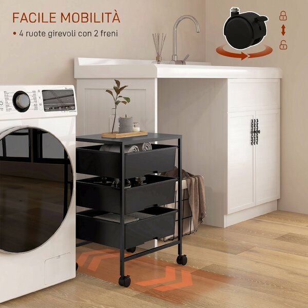 HOMCOM Carrello Multiuso con 3 Cestini Estraibili e Ruote per Cucina e Ufficio in Acciaio e PP, Nero | Aosom Italy