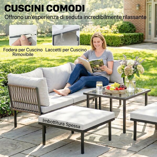 Outsunny Set Mobili Giardino Metallo 6 Persone, Divano Angolare Cuscini, Grigio Chiaro | Aosom Italy