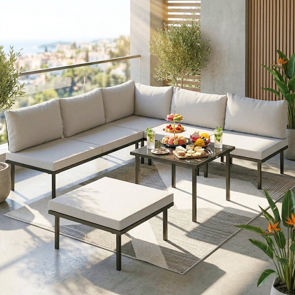 Outsunny Set Mobili Giardino Metallo 6 Persone, Divano Angolare Cuscini, Grigio Chiaro | Aosom Italy
