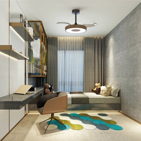 Mantra Iluminación Ventilatore da soffitto LED intelligente Coin Mini legno/nero DC silenzioso Mini, dimmerabile, Legno chiaro, Soggiorno / Sala da pranzo, Metallo, Moderno