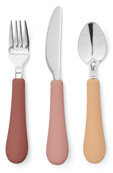 Posate per bambini rossa/color salmone in silicone 3 pz Rose Mix – Cam Cam Copenhagen