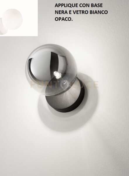 Pallina applique 1 luce attacco g9 nero con sfera opale bianca d.14cm