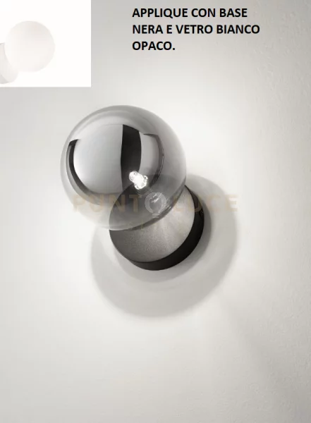 Pallina applique 1 luce attacco g9 nero con sfera opale bianca d.14cm