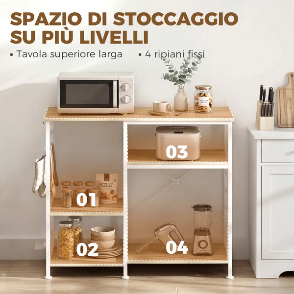 HOMCOM Scaffale Cucina con Ripiani in Legno e Metallo con 5 Ganci, Salvaspazio, 90x39x83.5 cm, Rovere | Aosom Italy