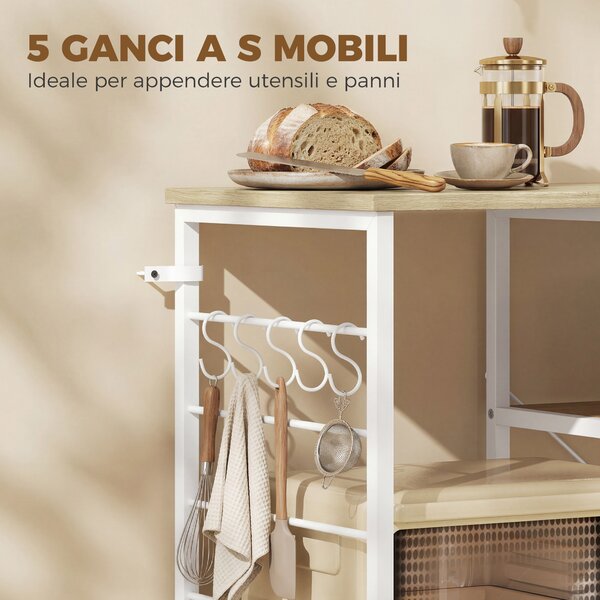 HOMCOM Scaffale Cucina con Ripiani in Legno e Metallo con 5 Ganci, Salvaspazio, 90x39x83.5 cm, Rovere | Aosom Italy
