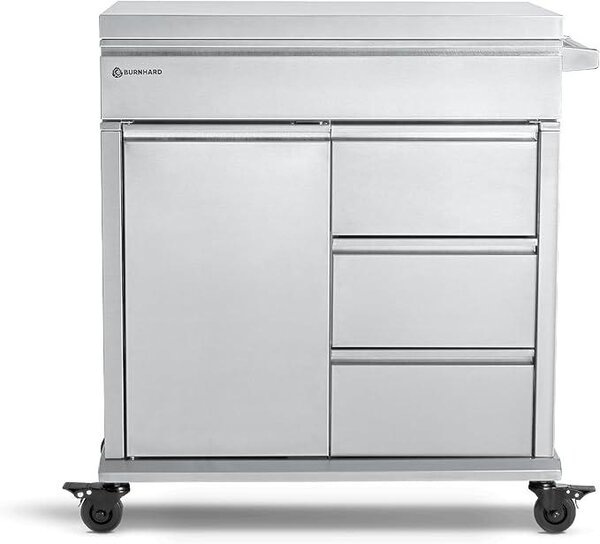 Carrello di servizio per barbecue con piano di lavoro in acciaio inossidabile, trasformabile in tavolo per barbecue | 4 cassetti con chiusura ammortizzata, ruote in gomma integrale, compatibile con i barbecue a gas EARL e FRED