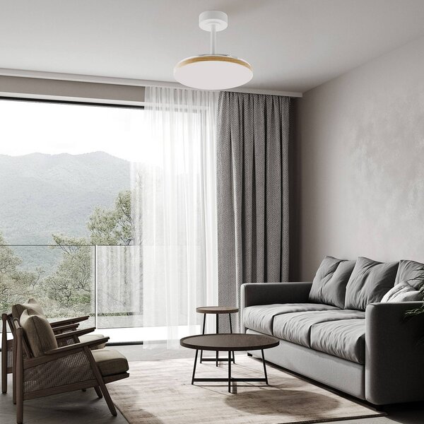 Mantra Iluminación Ventilatore da soffitto LED Slim Mini, bianco/legno, CC, silenzioso, CCT dimmerabile, Bianco / Opale, Soggiorno / Sala da pranzo, Metallo, Moderno