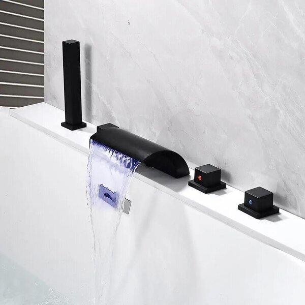 Miscelatore per vasca da bagno - Miscelatore a cascata con 5 fori, dotato di doccetta manuale - Miscelatore a 3 manopole - Acqua calda/fredda - Corpo in ottone - Colore nero