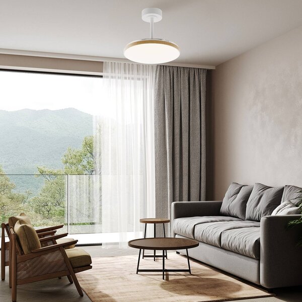 Mantra Iluminación Ventilatore da soffitto LED Slim Mini, bianco/legno, CC, silenzioso, CCT dimmerabile, Bianco / Opale, Soggiorno / Sala da pranzo, Metallo, Moderno