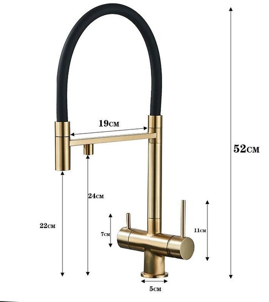 Miscelatore per lavello da cucina con filtro dell'acqua - Miscelatore con due erogatori - Filtro per acqua potabile - Acqua calda e fredda - Doccetta estraibile - Rotazione a 360° - Finitura dorata spazzolata