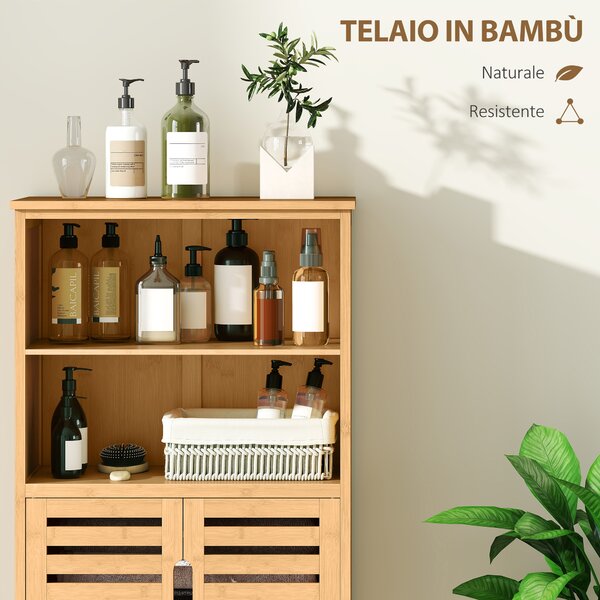 Kleankin Mobiletto Bagno Salvaspazio in Legno con Armadietto, 2 Ante e 2 Ripiani Aperti, 50x29x92 cm | Aosom Italy