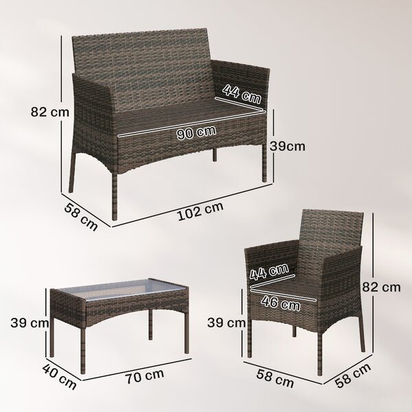 Outsunny Set da Giardino 4 Pezzi con Divano 2 Posti, 2 Sedie e Tavolino Basso, in Rattan e Acciaio, Beige e Marrone