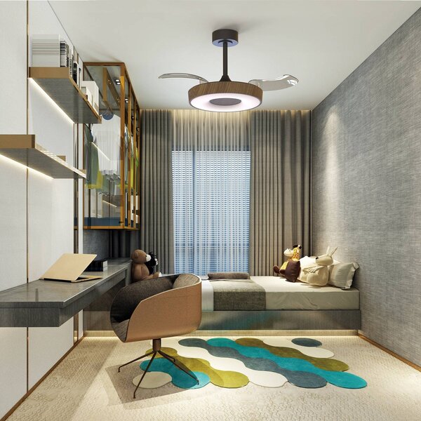 Mantra Iluminación Ventilatore da soffitto LED Coin, legno/nero, CC, silenzioso dimmerabile, Legno chiaro, Soggiorno / Sala da pranzo, Metallo, Moderno