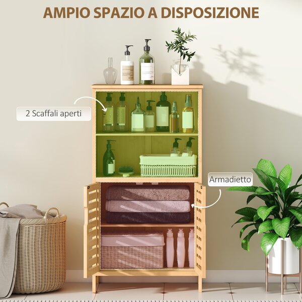 Kleankin Mobiletto Bagno Salvaspazio in Legno con Armadietto, 2 Ante e 2 Ripiani Aperti, 50x29x92 cm | Aosom Italy
