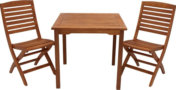 TPFGarden SET DA GIARDINO Gosport - Set da 3 pezzi (2 sedie pieghevoli, 1 tavolo quadrato 75x75 cm), in legno di eucalipto oliato. LxPxA: 75x189x93 cm