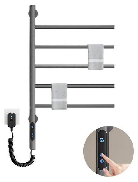 Asciugamani elettrico intelligente – Asciugamani da parete, alimentato elettricamente – 5 barre orientabili – Acciaio inossidabile, installazione senza fori – Display digitale con timer e controllo della temperatura – 42x66 cm – Grigio chiaro