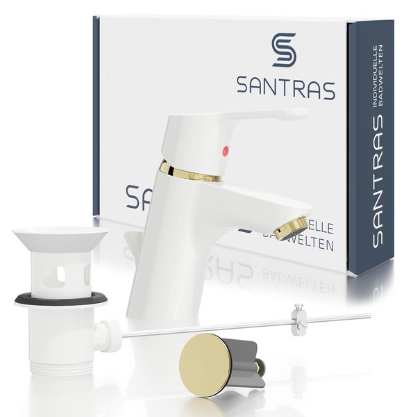 Miscelatore per lavabo SANTRAS® Magis in bianco (RAL 9003)/ottone pregiato (Degussa 247) con scarico a scomparsa