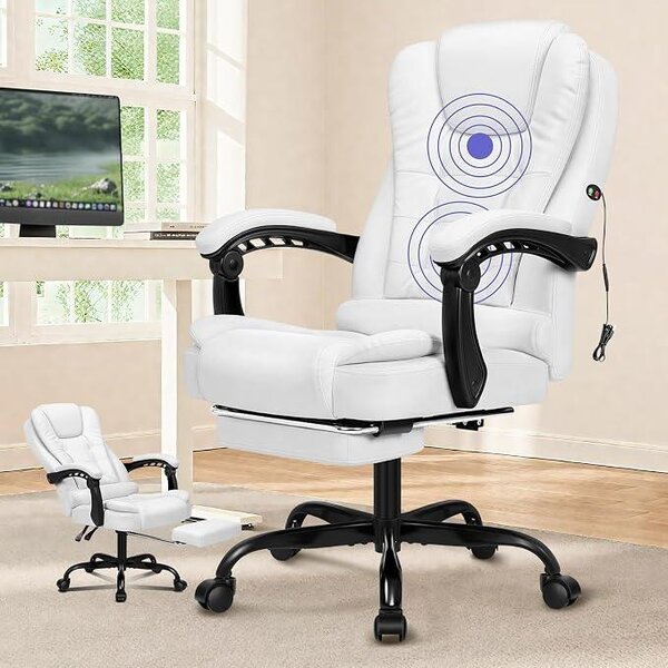 Sedia ergonomica da ufficio, sedia da scrivania con funzione massaggio, reclinabile fino a 150°, sedia girevole per computer, con poggiapiedi estraibile, regolabile in altezza, portata massima 180 kg, rivestita in ecopelle, colore bianco