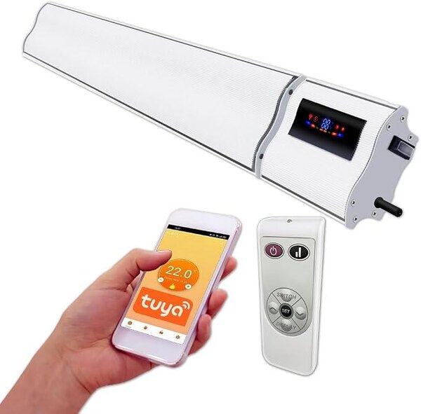 Stufa a infrarossi bianca da 1800-900W con controllo tramite app, dimensioni 120x15 cm