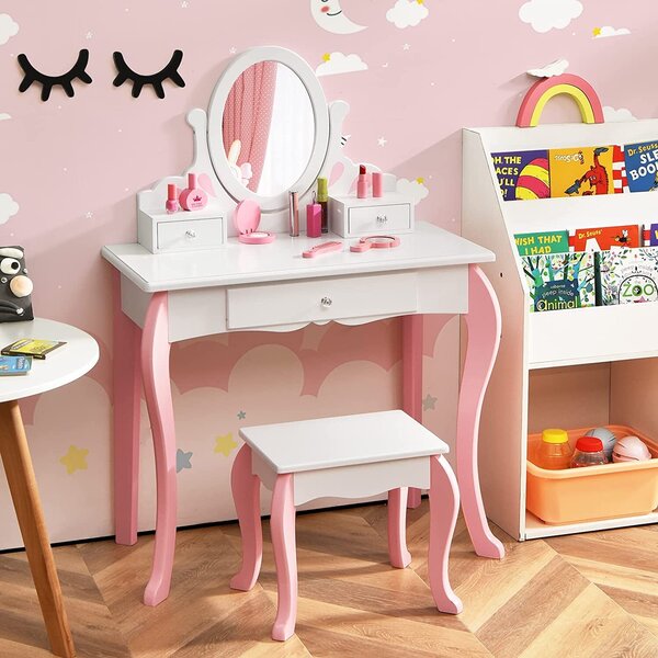 Set da toeletta per bambini GOPLUS con sgabello, raffinato tavolino da toeletta con specchio girevole a 360° e 3 cassetti, tavolino da toeletta in stile principessa, comò da trucco per bambine (bianco)