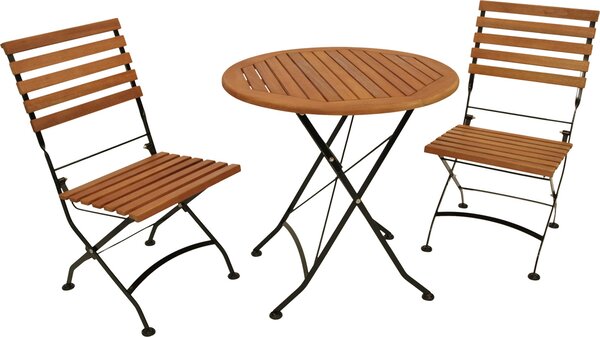 TPFGarden SET DA GIARDINO Bad Belzig - 3 pezzi (2 sedie, 1 tavolo rotondo da 75 cm), struttura in acciaio piatto nero, doghe in legno di eucalipto, ®