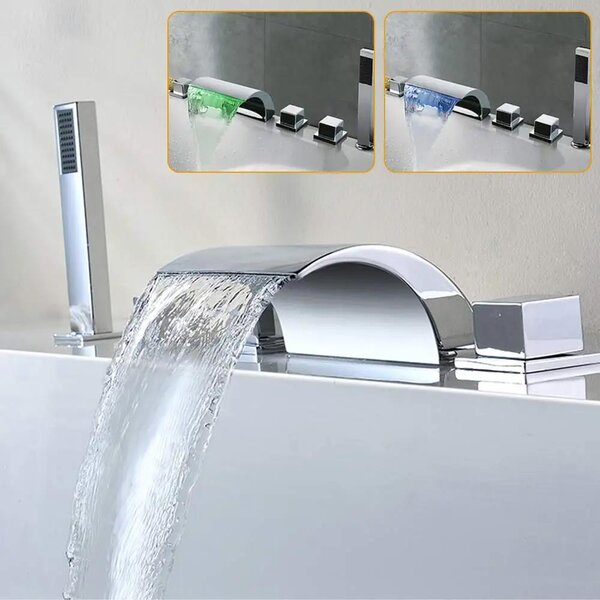 Fontana a LED per piscina e rubinetto per bordo vasca - Miscelatore a cascata per vasca da bagno - Montaggio a incasso con 5 fori - Acciaio inossidabile - Corpo valvola in ottone