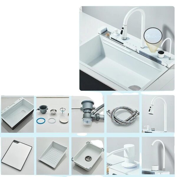 Lavello da cucina, rubinetto integrato, design rettangolare, bianco