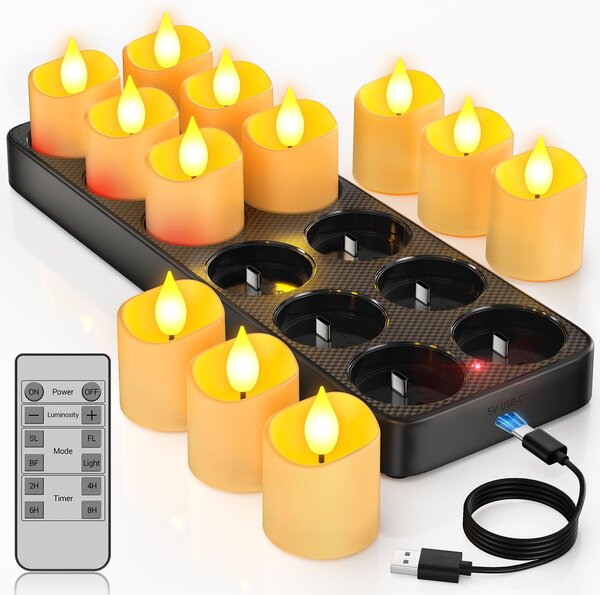 Yme, confezione da 12 candele LED ricaricabili, complete di base di ricarica e telecomando