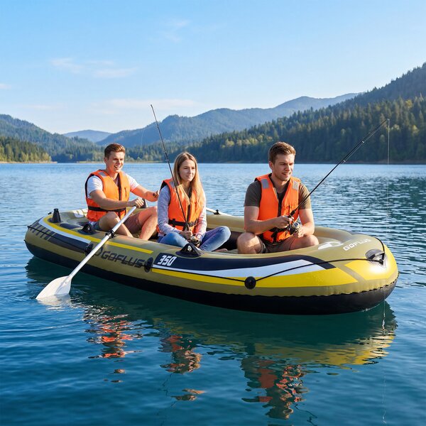 Costway Kayak gonfiabile per 3 persone set gommone da pesca con pagaia doppia, Kayak con 2 cuscini per schienale per le zone costiere dei laghi 305 x 136 x 42 cm
