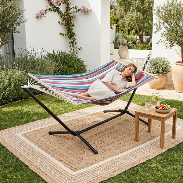 Costway Amaca da giardino in cotone con struttura metallica e cuscino, Amaca portatile con 200kg per spiaggia campeggio terrazza