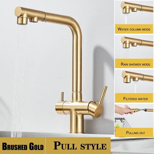 Miscelatore da cucina – Miscelatore estraibile per lavello con filtro per acqua potabile – Doppio beccuccio – Acqua calda e fredda – Rotazione a 360° – Installazione monoblocco – Finitura oro spazzolato