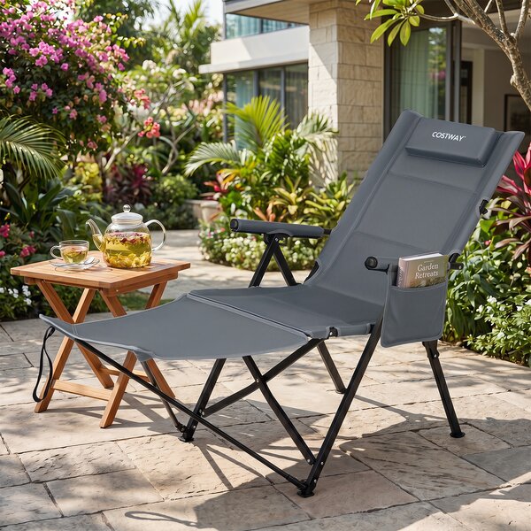 Costway Sdraio pieghevole con poggiapiedi schienale regolabile e poggiatesta, Sdraio da campeggio tasca 150kg spiaggia e giardino Grigio