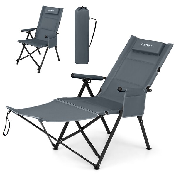 Costway Sdraio pieghevole con poggiapiedi schienale regolabile e poggiatesta, Sdraio da campeggio tasca 150kg spiaggia e giardino Grigio