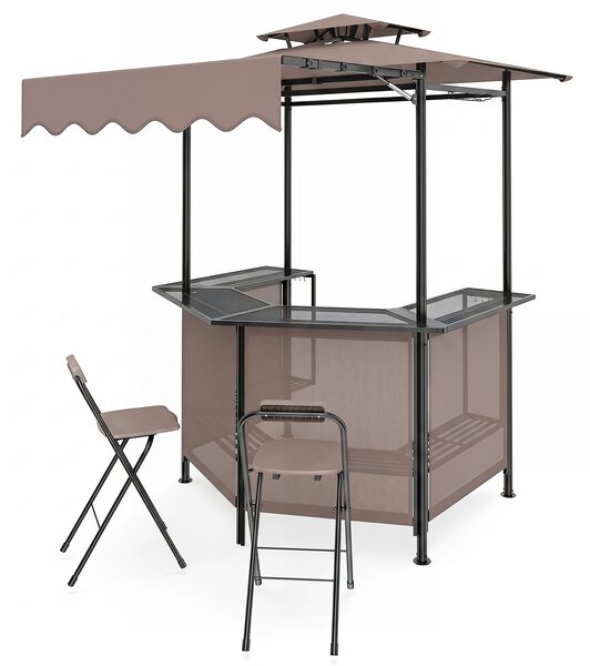 Costway Gazebo da esterno resistente per barbecue con tavolo da bar, Gazebo 4 ripiani in metallo 2 sgabelli pieghevoli per barbecue da cortile Marrone