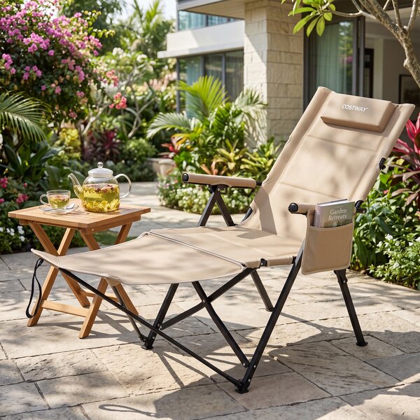 Costway Sdraio pieghevole con poggiapiedi schienale regolabile e poggiatesta, Sdraio da campeggio tasca 150kg spiaggia e giardino Kaki