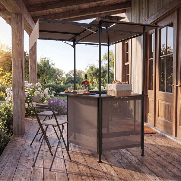 Costway Gazebo da esterno resistente per barbecue con tavolo da bar, Gazebo 4 ripiani in metallo 2 sgabelli pieghevoli per barbecue da cortile Marrone