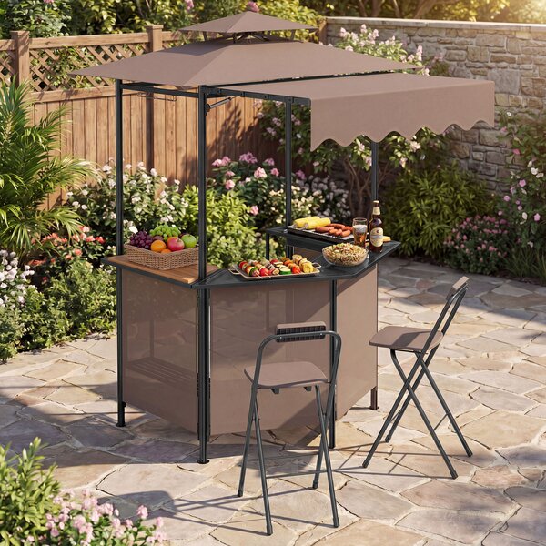 Costway Gazebo da esterno resistente per barbecue con tavolo da bar, Gazebo 4 ripiani in metallo 2 sgabelli pieghevoli per barbecue da cortile Marrone