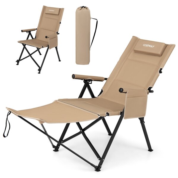 Costway Sdraio pieghevole con poggiapiedi schienale regolabile e poggiatesta, Sdraio da campeggio tasca 150kg spiaggia e giardino Kaki