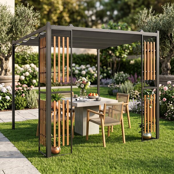 Costway Gazebo da giardino con 4 paraventi 2 ripiani copertura avvolgibile struttura metallica, Gazebo da esterno con 8 picchetti per mercatini fiere e campeggio