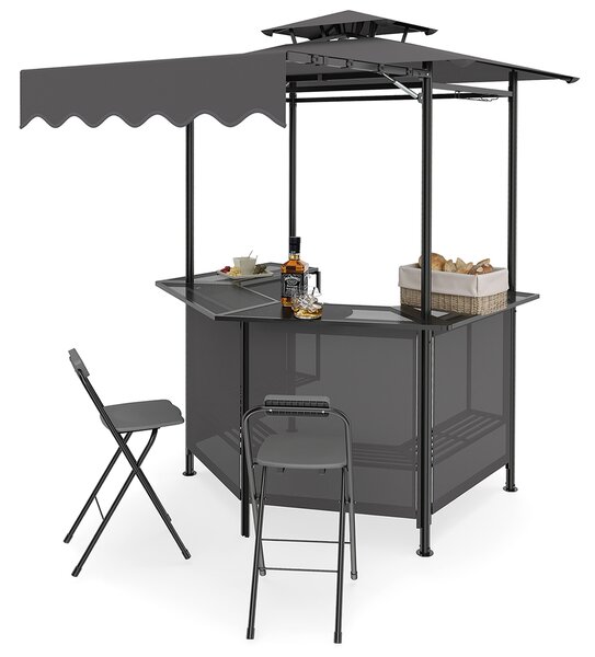 Costway Gazebo da esterno resistente per barbecue con tavolo da bar, Gazebo 4 ripiani in metallo 2 sgabelli pieghevoli per barbecue da cortile Grigio