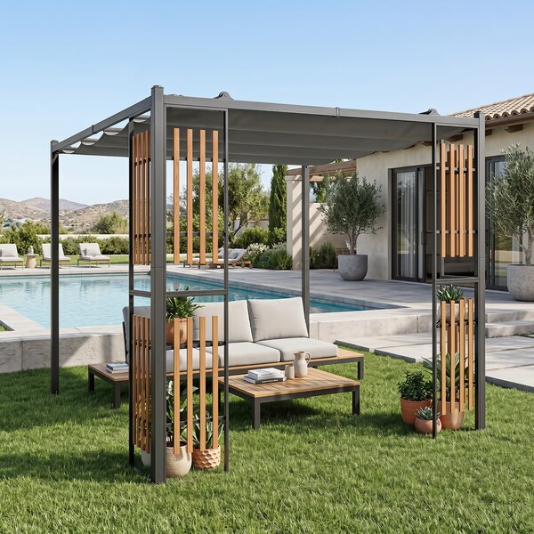 Costway Gazebo da giardino con 4 paraventi 2 ripiani copertura avvolgibile struttura metallica, Gazebo da esterno con 8 picchetti per mercatini fiere e campeggio